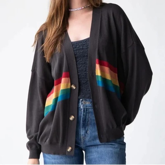 NATURAL LIFE Sweaters - Natural Life Live Happy Cardigan Sweater - Charcoal Rainbow L/XL